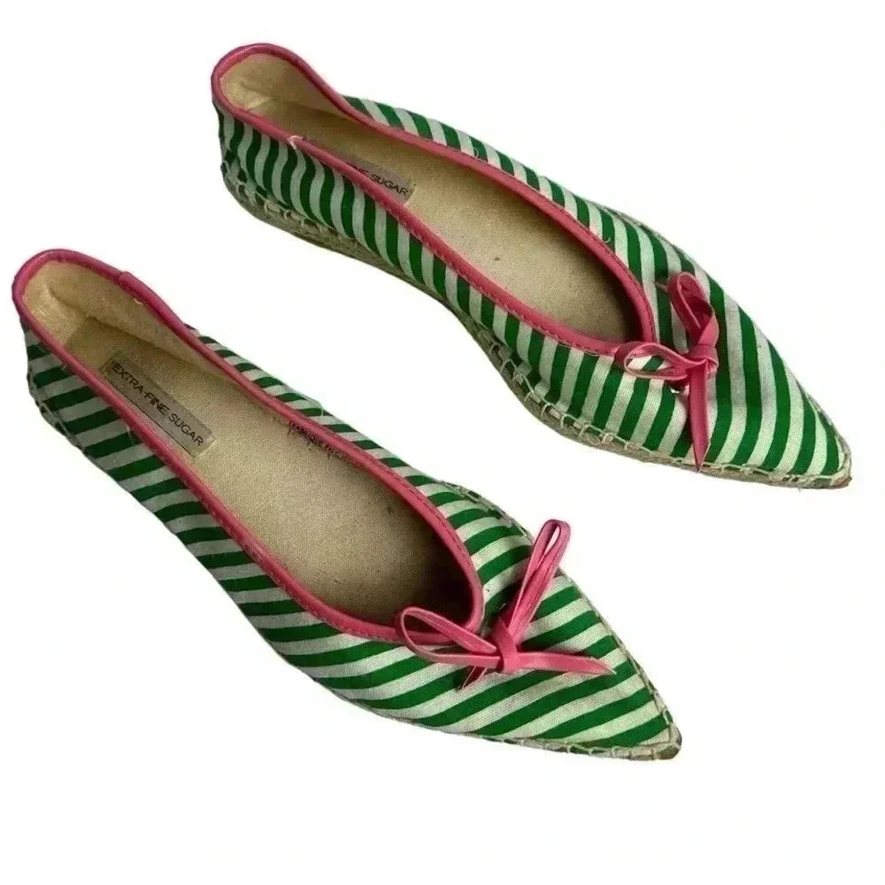 Extra-fine‎ Sugar Espadrilles Size 6 Green/White Stripe with Pink Bow Flats